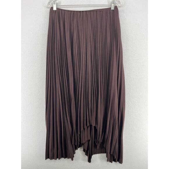ZARA Skirt L Pleated Asymmetric Hem Elastic Waist Midi Swing Lined Brown - Picture 1 of 12